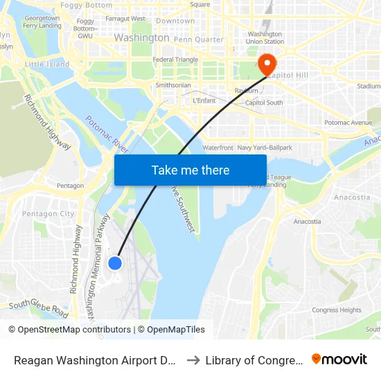 Reagan Washington Airport DCA to Library of Congress map