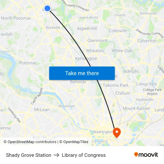 Shady Grove Station to Library of Congress map