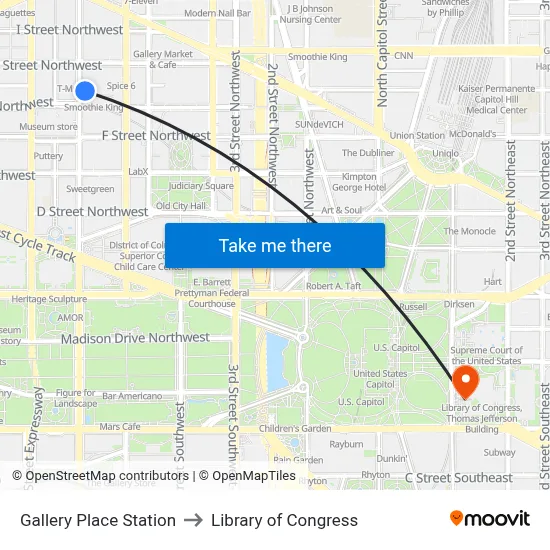 Gallery Place Station to Library of Congress map