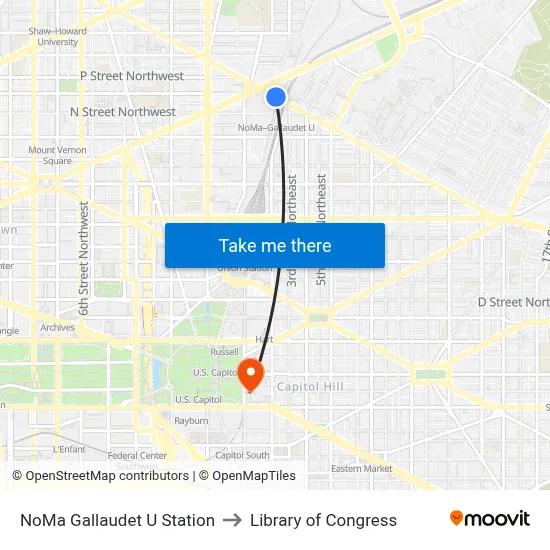 NoMa Gallaudet U Station to Library of Congress map