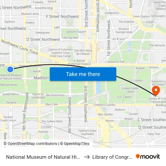 National Museum of Natural History to Library of Congress map