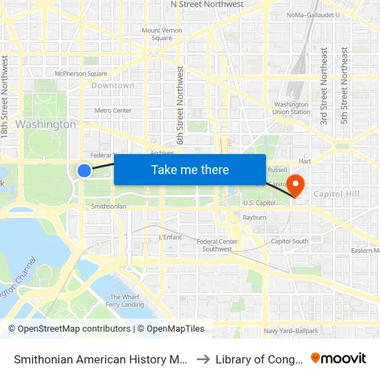 Smithonian American History Museum to Library of Congress map