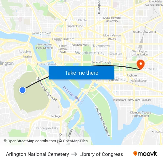 Arlington National Cemetery to Library of Congress map