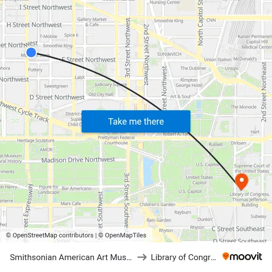 Smithsonian American Art Museum to Library of Congress map