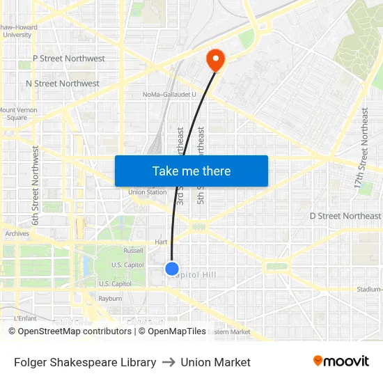 Folger Shakespeare Library to Union Market map