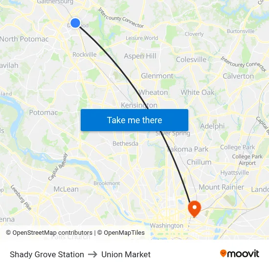 Shady Grove Station to Union Market map