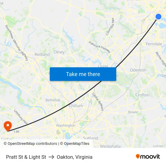 Pratt St & Light St to Oakton, Virginia map