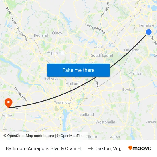 Baltimore Annapolis Blvd & Crain Hwy Eb to Oakton, Virginia map