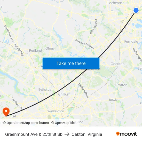 Greenmount Ave & 25th St Sb to Oakton, Virginia map
