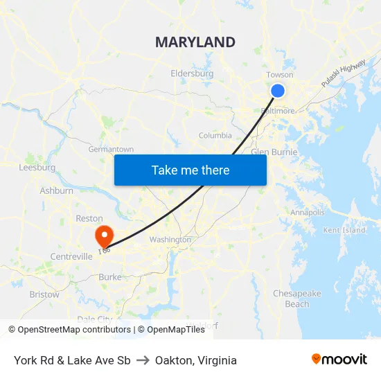 York Rd & Lake Ave Sb to Oakton, Virginia map