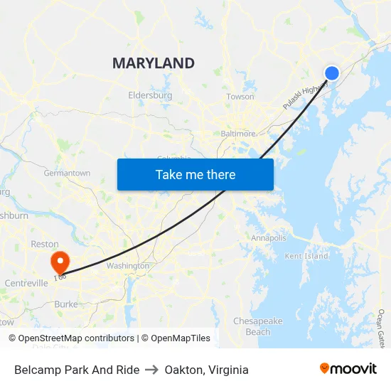 Belcamp Park And Ride to Oakton, Virginia map