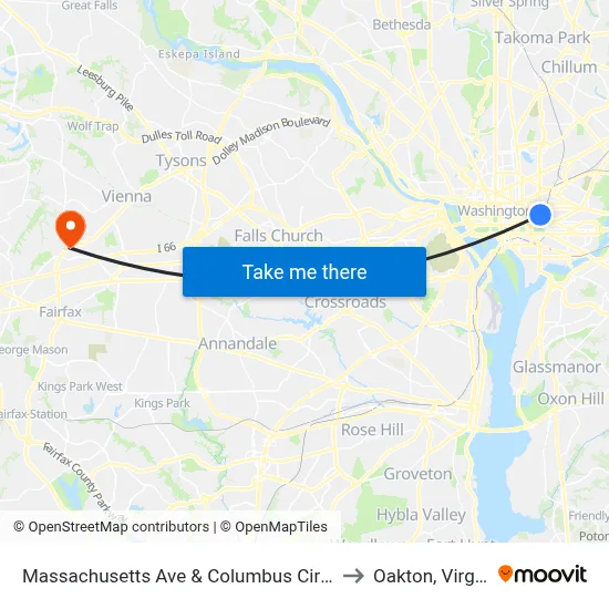 Massachusetts Ave & Columbus Cir NE Eb to Oakton, Virginia map
