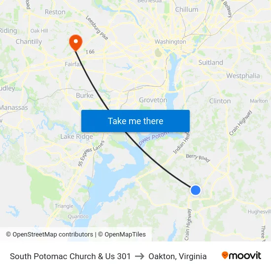 South Potomac Church & Us 301 to Oakton, Virginia map