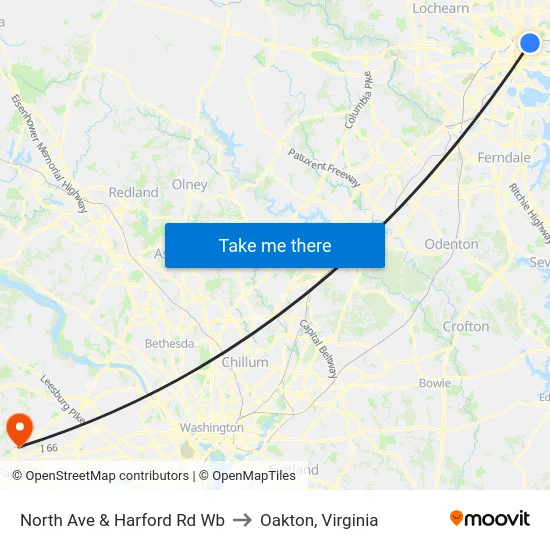 North Ave & Harford Rd Wb to Oakton, Virginia map