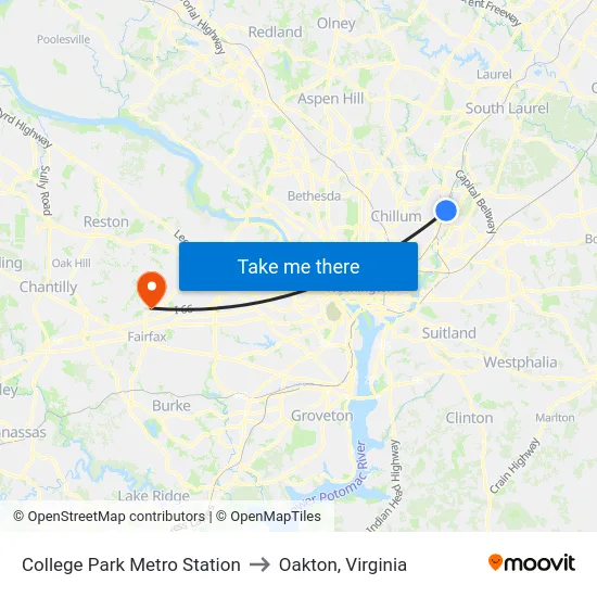 College Park Metro Station to Oakton, Virginia map