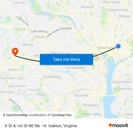 K St & 1st St NE Nb to Oakton, Virginia map