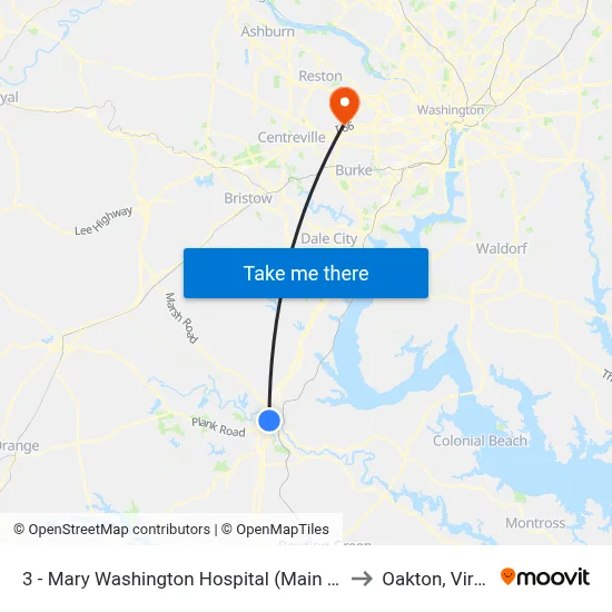 3 - Mary Washington Hospital (Main Entrance) to Oakton, Virginia map