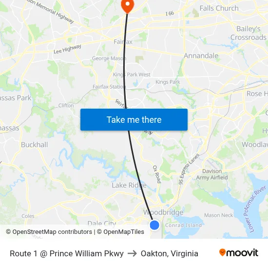 Route 1 @ Prince William Pkwy to Oakton, Virginia map