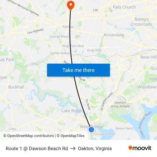 Route 1 @ Dawson Beach Rd to Oakton, Virginia map