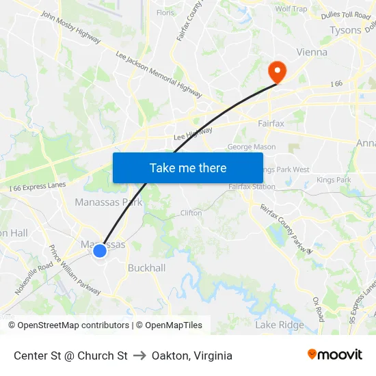 Center St @ Church St to Oakton, Virginia map