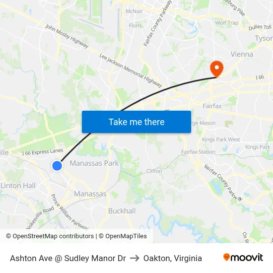 Ashton Ave @ Sudley Manor Dr to Oakton, Virginia map
