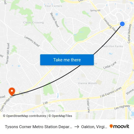 Tysons Corner Metro Station Departures to Oakton, Virginia map