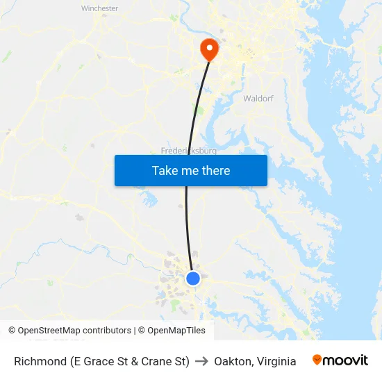 Richmond (E Grace St & Crane St) to Oakton, Virginia map