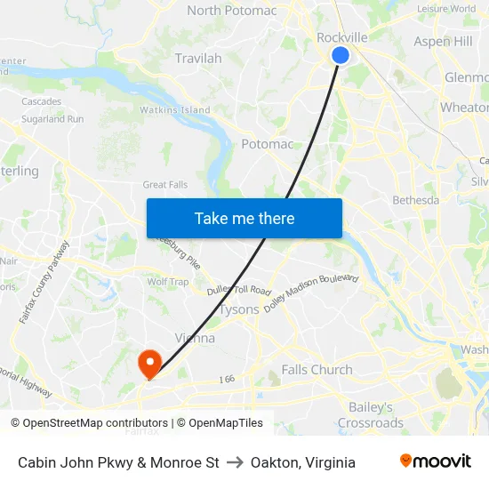Cabin John Pkwy & Monroe St to Oakton, Virginia map