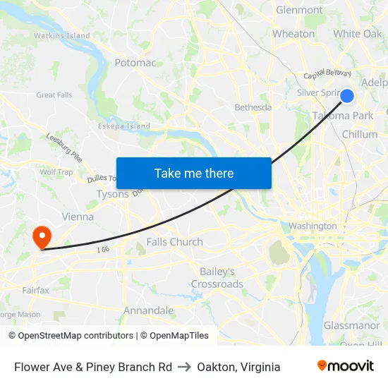 Flower Ave & Piney Branch Rd to Oakton, Virginia map