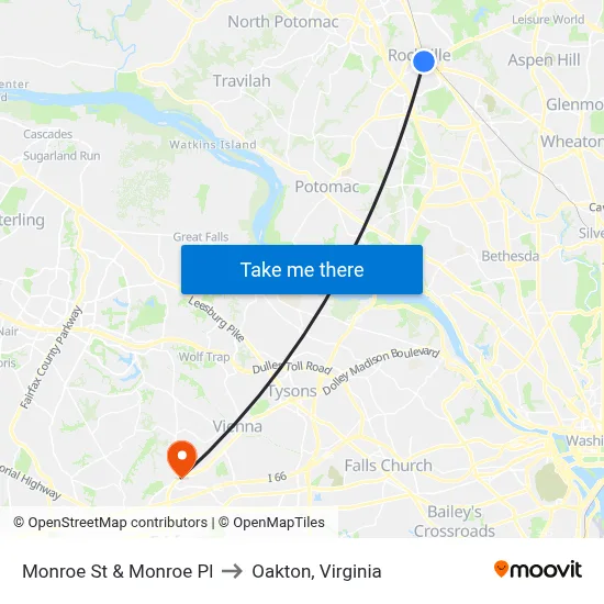 Monroe St & Monroe Pl to Oakton, Virginia map