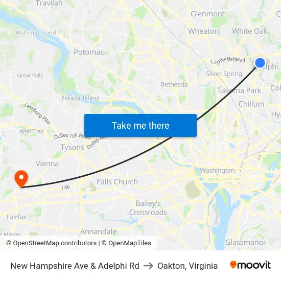 New Hampshire Ave & Adelphi Rd to Oakton, Virginia map