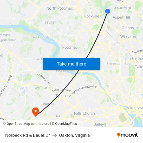Norbeck Rd & Bauer Dr to Oakton, Virginia map