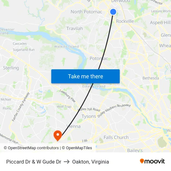 Piccard Dr & W Gude Dr to Oakton, Virginia map
