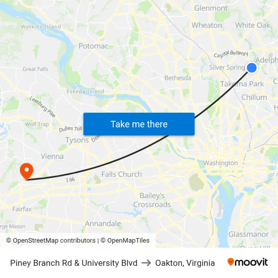 Piney Branch Rd & University Blvd to Oakton, Virginia map