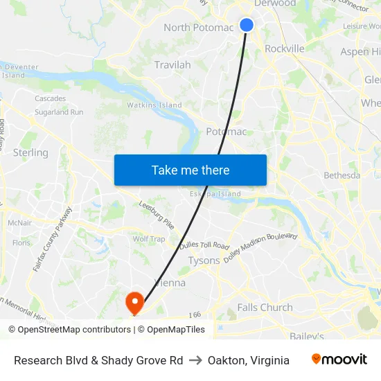 Research Blvd & Shady Grove Rd to Oakton, Virginia map
