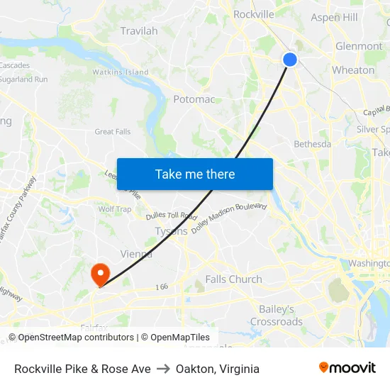 Rockville Pike & Rose Ave to Oakton, Virginia map
