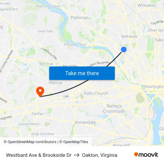 Westbard Ave & Brookside Dr to Oakton, Virginia map