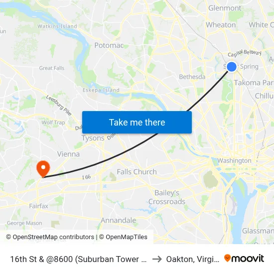 16th St & @8600 (Suburban Tower Apts) to Oakton, Virginia map