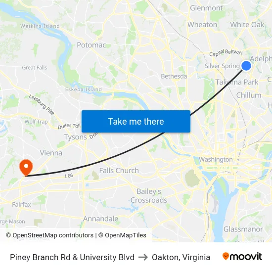 Piney Branch Rd & University Blvd to Oakton, Virginia map