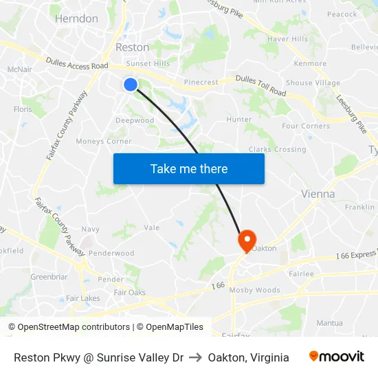 Reston Pkwy @ Sunrise Valley Dr to Oakton, Virginia map