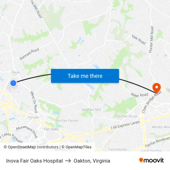 Inova Fair Oaks Hospital to Oakton, Virginia map