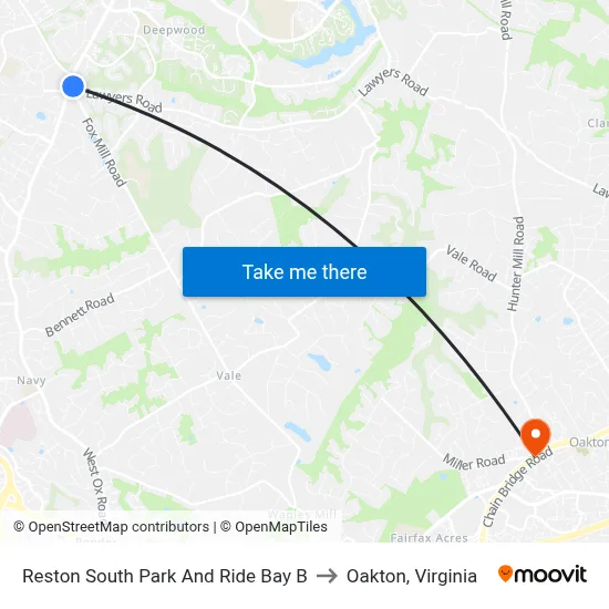 Reston South Park And Ride Bay B to Oakton, Virginia map