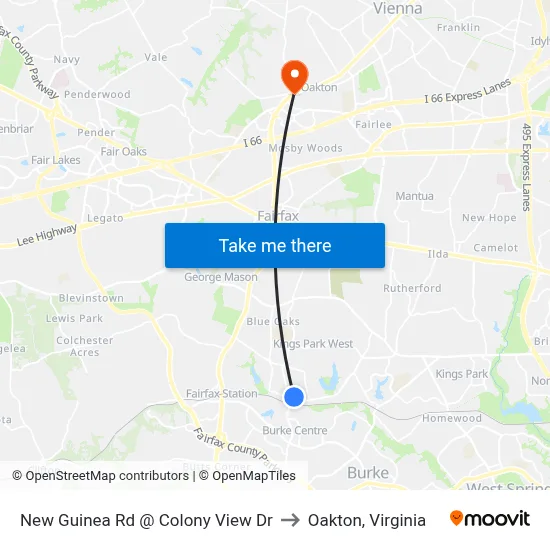 New Guinea Rd @ Colony View Dr to Oakton, Virginia map