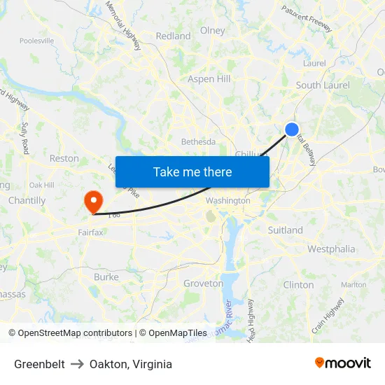 Greenbelt to Oakton, Virginia map