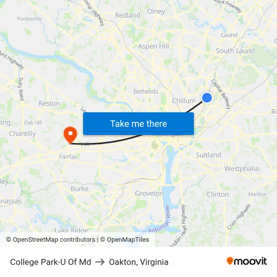 College Park-U Of Md to Oakton, Virginia map