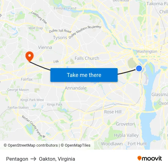 Pentagon to Oakton, Virginia map
