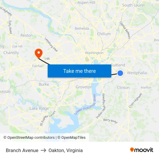 Branch Avenue to Oakton, Virginia map