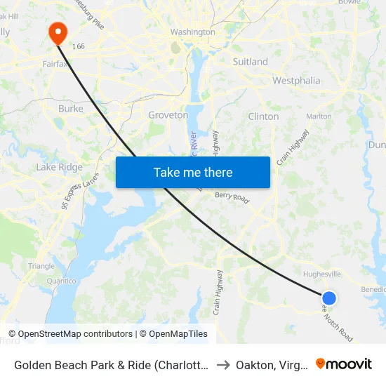 Golden Beach Park & Ride (Charlotte Hall) to Oakton, Virginia map
