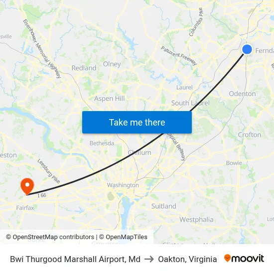 Bwi Thurgood Marshall  Airport, Md to Oakton, Virginia map