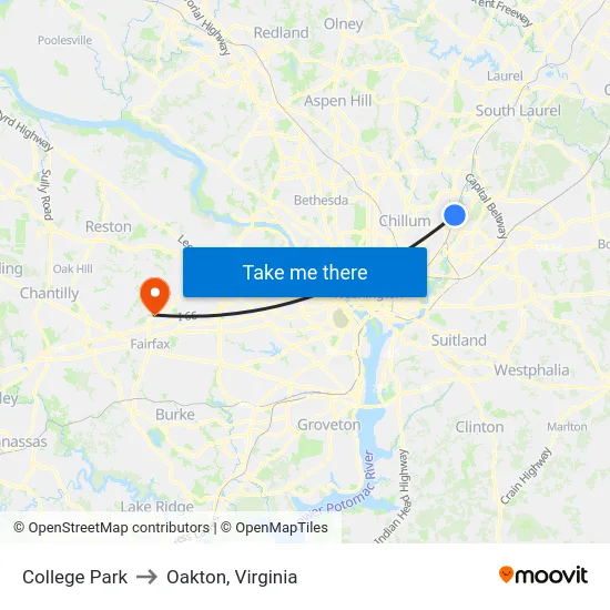 College Park to Oakton, Virginia map